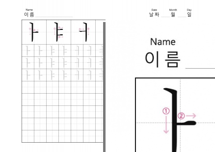Tracing letters - Printable Stroke Order of Korean Hangul Paper - ㅏㅑㅓㅕ